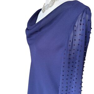 SL Fashions Navy Blue Bead Embellished Formal Chiffon Blouse